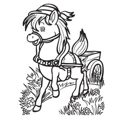 Fototapeta na wymiar cute horse character carries a cart across the field from behind, drawing in outline, isolated object on a white background,