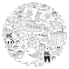 Vector set with pirate elements for birthday party for little children. Kids pattern with octopus, beach, treasure chest, ship