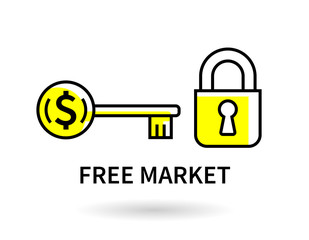 Dollar Key icon with padlock and keyhole. Free money market economic investment opportunity graphic. Vector illustration.