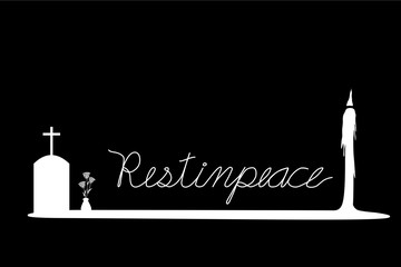 Vector - White wording Rest In Peace (RIP) with gravestone, jar of flower and candle on black background. Copy space. Sadness, Condolence.