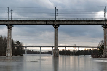 View of the bridges across the Saimaa Canal on a cloudy spring day.