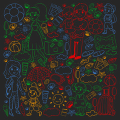 Vector pattern. Summer vacations. Little children. Happy family with kids. Travel and adventures. Beach, ocean, island, sun