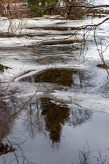 Spring flood, ice and water in the forest near the river on a cloudy spring day