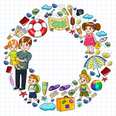 Vector pattern. Summer vacations. Little children. Happy family with kids. Travel and adventures. Beach, ocean, island, sun
