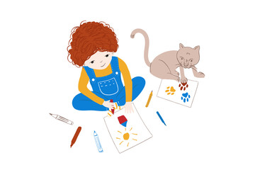 Child girl drawing with colored crayons and pastels near her kitten - vector illustration