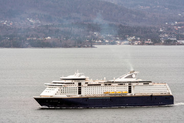 Cruise ship with lots of exhaust smoke from the pipe are sailing in a norwegian fjord, houses in the background. Co2, pollution, traveling and tourism concept.