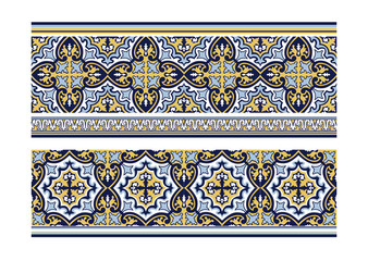 Abstract floral seamless pattern. Geometric asian border ornament. Traditional floral Portuguese tile ornamental decor with Azulejo. Wallpaper flourish retro design