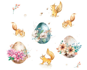 Eggs with flowers design set on white background, Hand drawn watercolor eggs. Easter collection