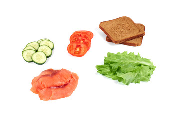 Ingredients for making sandwich. Salmon, fresh vegetables, cucumber, tomatoes, bread,. Isolated on white background,