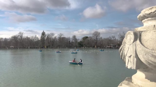 Panoramic view of the pond in Retiro Park on Madrid. Travel concept.