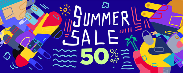 Summer Sale 50% discount Colorful Poster and Banner. Promotion flyer, discount voucher template special offer market brochure. Vector doodle illustration set for summer sales.