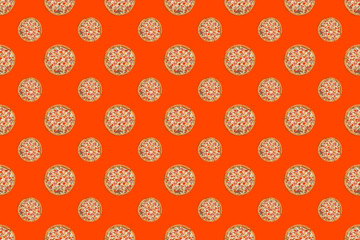 Seamless pizza pattern on colorful bright background.