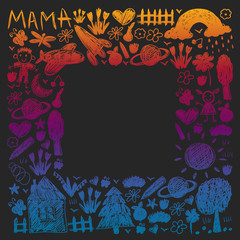 Kindergarten pattern with funny kids drawing. Vector illustration. Children play and grow.