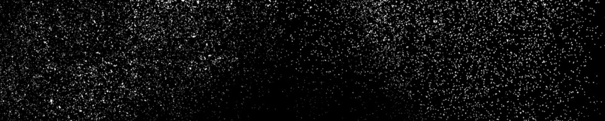 Naklejka na ściany i meble White Grainy Texture On Black. Panoramic Background. Wide Horizontal Long Banner For Site. Dust Overlay. Light Coloured Noise Granules. Snow Vector Elements. Illustration, EPS 10.