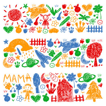 Kindergarten pattern with funny kids drawing. Vector illustration. Children play and grow.