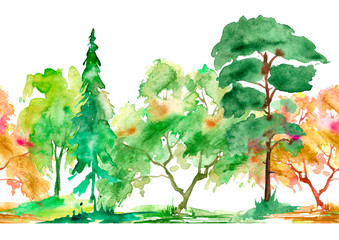 Seamless watercolor pattern. Summer landscape, forest, park. Silhouettes of trees and bushes. Green, yellow colors. Linear curb. Mixed forest - oak, ash, maple, birch, pine, cedar, spruce.