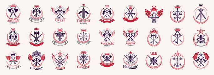 Vintage weapon vector logos or emblems, heraldic design elements big set, classic style heraldry military war armory symbols, antique knives compositions.