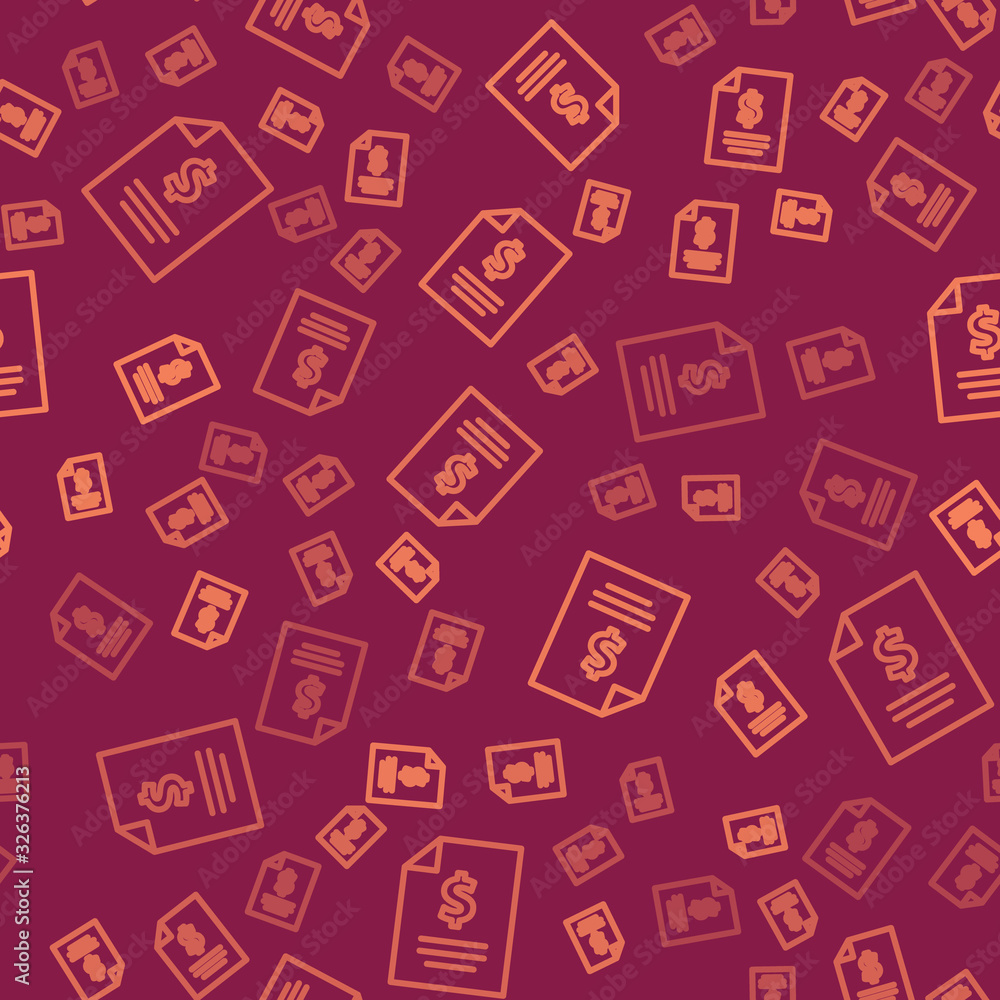 Poster brown line contract money icon isolated seamless pattern on red background. banking document dollar 