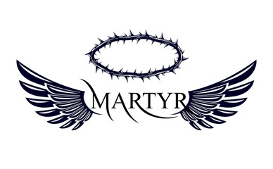 Martyr vector concept logo or sign, Christian religion and faith saint person, martyrdom blackthorn thorn wreath crown, Jesus Christ, suffering pain.