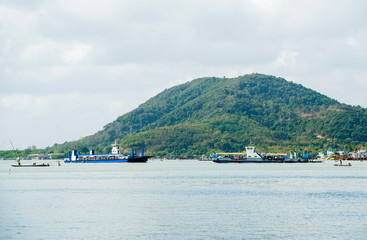 Car Ferry working in marine transportation in the morning, Songkhla, Thailand