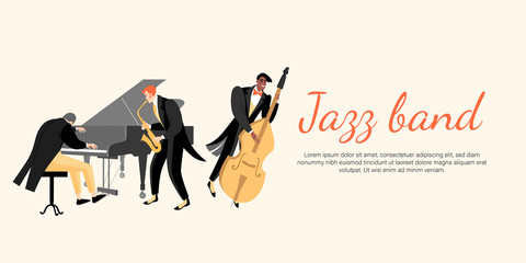 Jazz band concert banner with pianist, saxophonist and double bass player. - obrazy, fototapety, plakaty