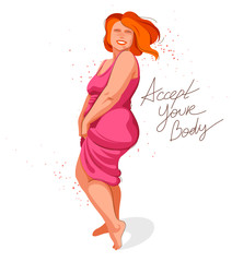Attractive and sexy plus size woman isolated on white, vector illustration concept of body positivity health and happiness, love and accept your body idea.