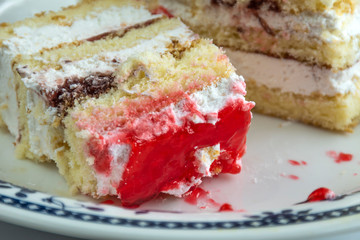 Homemade puff cake, cake in a plate, sponge cake.