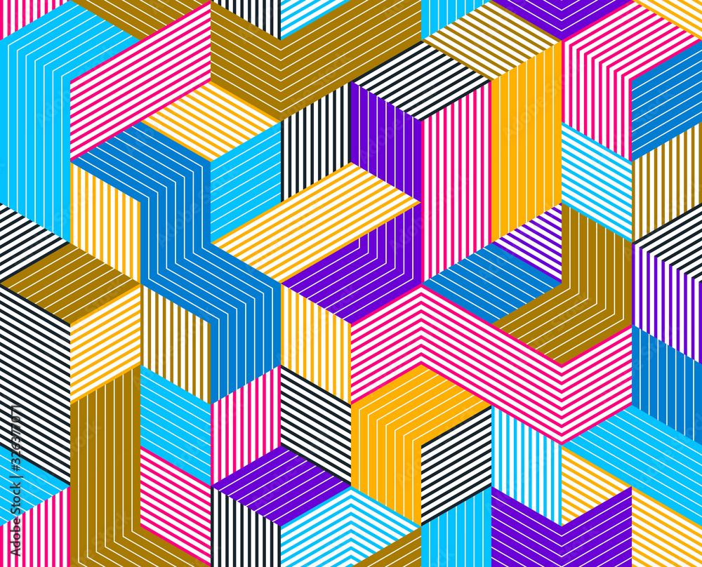 Poster 3d cubes seamless pattern vector background, lined dimensional blocks, architecture and construction