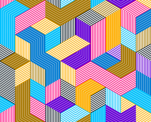 3D cubes seamless pattern vector background, lined dimensional blocks, architecture and construction, geometric design.