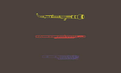 Colour outline English horn, flute and piccolo horizontal contour trio on a black background