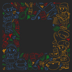 Vector pattern with cooking class for little children. Kids icons. Healthy eating.