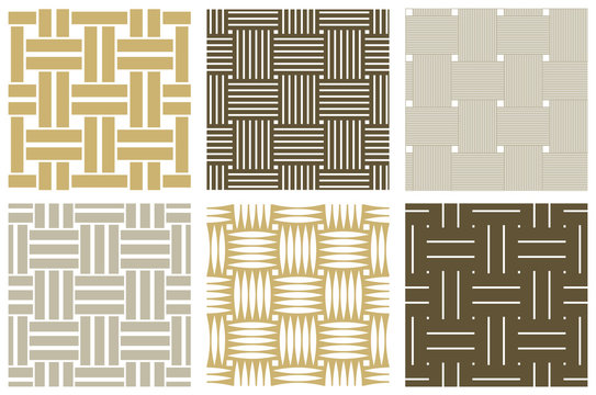 Seamless vector weaving patterns set, linear backgrounds with crossed lines, textile knitted repeat tiling wallpapers, perfect simplistic minimal designs.