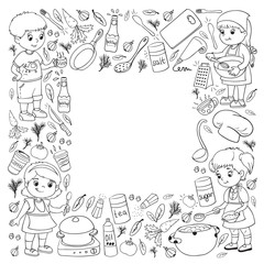 Vector pattern with cooking class for little children. Kids icons. Healthy eating.