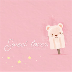 the sweet cute postcard design cafe food.teddy bear popsicle on pink pastel background with wording dessert lover.decoration with stars and dots.kawaii design for invitation birthday card.