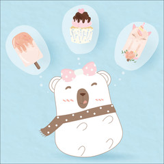 the sweet teddy bear is thinking of many dessert.she miss about unicorn ice cream chocolate cupcake.cartoon has bow on head.they put on blue pastel paper background.dessert watercolor cute design.
