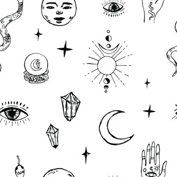 seamless pattern with magic hands,moon phases.Astrology,astronomy concept.Witchcraft symbols: snake, eyes, fortune telling magic crystal ball with eye of providence, moon.for tattoo, textile, card