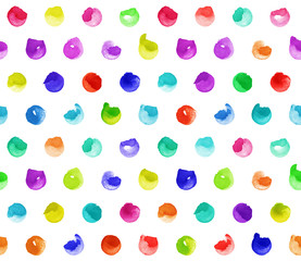 Polka dot on white background. Geometric ornament of rainbow colors. Watercolor seamless pattern