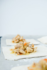 Raw dough with filling. Chicken pie. Dough preparation. Cooking process 