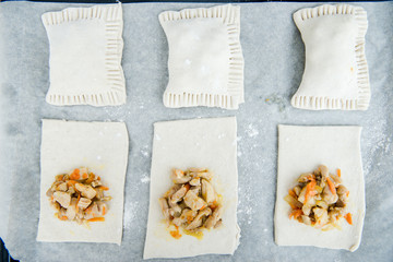 Raw dough with filling. Chicken pie. Dough preparation. Cooking process 