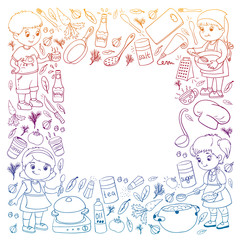 Vector pattern with cooking class for little children. Kids icons. Healthy eating.