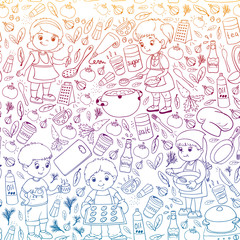Vector pattern with cooking class for little children. Kids icons. Healthy eating.