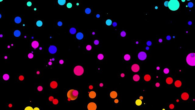 4k looped seamless abstract background, beautiful multi-colored circles in flat style like paint bubbles or dye droplets in water. Luma matte as alpha channel. Particles increase and decrease 2
