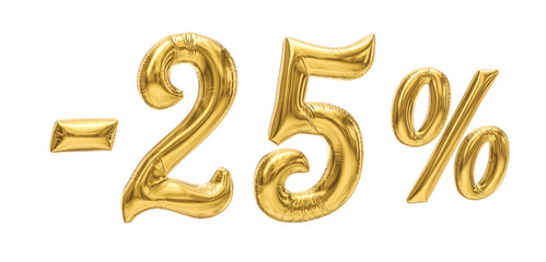 25% discount sale promotion off gold ballons number 3d rendered isolated on white background.	