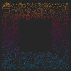 Vector pattern with cinema icons. Movie Theater, TV, popcorn, video clips, musical