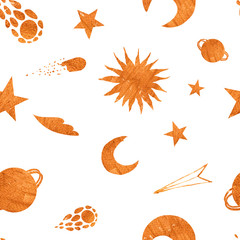 Fototapeta premium Baby seamless pattern with planets, comets, stars and spaceship. Hand drawn overlapping background space. Watercolor cosmos pattern for fabric, textile,nursery wallpaper, packaging.Occult symbols, sun