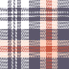 Plaid pattern seamless vector background in grey, orange, pink, and white. Herringbone pixel check plaid for scarf, poncho, flannel shirt, blanket, or other autumn, winter, or spring textile design.
