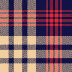 Seamless tartan plaid pattern graphic. Dark blue red beige check plaid for scarf, blanket, throw, duvet cover, upholstery, or other modern autumn or winter textile print. Woven texture.