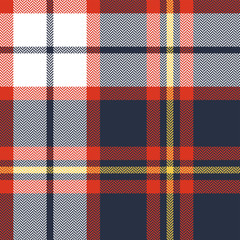 Seamless plaid pattern. Blue, red, yellow, and white colorful tartan check plaid for blanket, scarf, duvet cover, or other modern autumn winter textile design. Herringbone woven pixel texture.