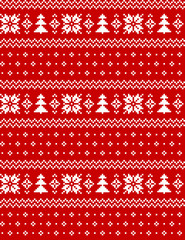 Fototapeta na wymiar Christmas and New Year seamless pattern. Red and white pixel pattern with nordic snowflakes and Christmas trees for winter sweater, jumper, gift box paper, wallpaper, or other designs.