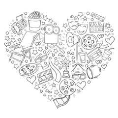 Vector pattern with cinema icons. Movie Theater, TV, popcorn, video clips, musical